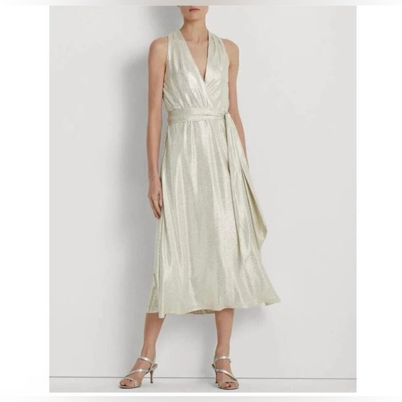 Lauren Ralph Lauren Dresses & Skirts - EUC Lauren Ralph Lauren Metallic Jersey Faux Wrap Midi Dress Size 6